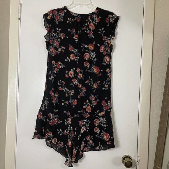 JOIE Silk V neck ruffle mini floral black tunic dress size Small - Picture 5 of 5